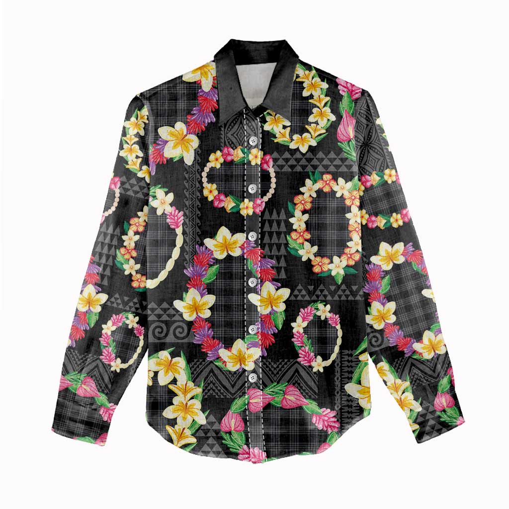 Hawaiian Kakau Tattoo Leis and Palaka Pattern Women Casual Shirt Traditional Aloha Tribal Black Color