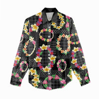 Hawaiian Kakau Tattoo Leis and Palaka Pattern Women Casual Shirt Traditional Aloha Tribal Black Color