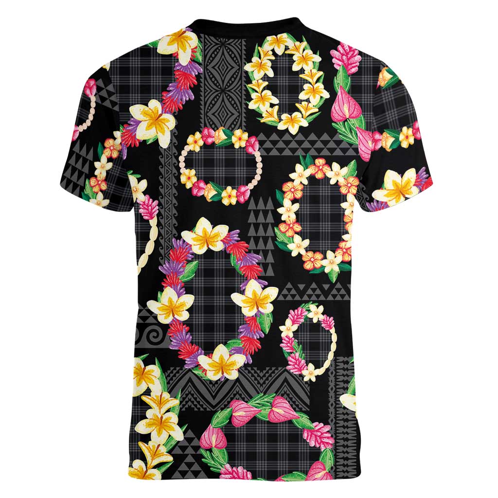 Hawaiian Kakau Tattoo Leis and Palaka Pattern Women V-Neck T-Shirt Traditional Aloha Tribal Black Color