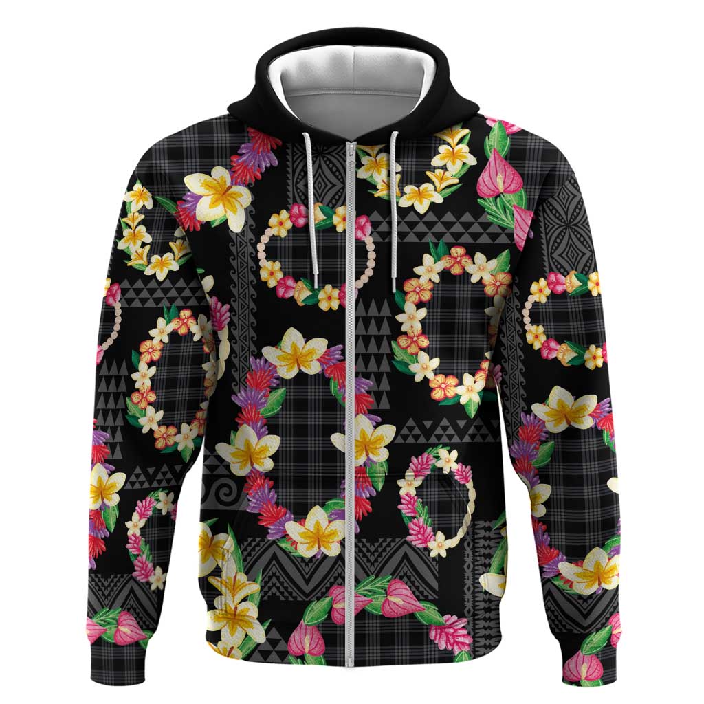 Hawaiian Kakau Tattoo Leis and Palaka Pattern Zip Hoodie Traditional Aloha Tribal Black Color LT03 Zip Hoodie Black - Polynesian Pride