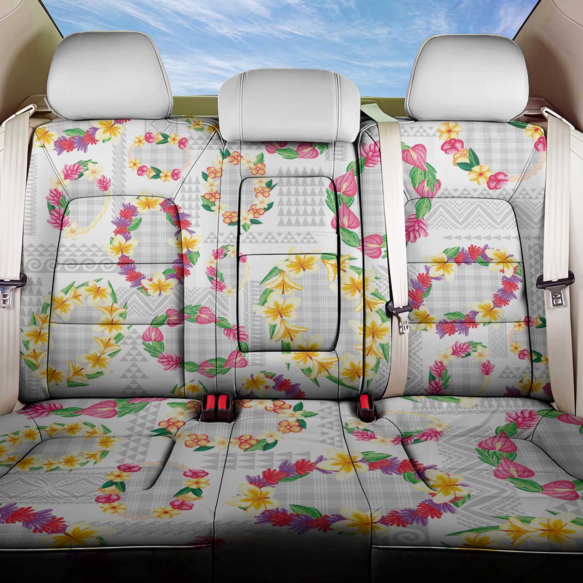 Hawaiian Kakau Tattoo Leis and Palaka Pattern Back Car Seat Cover Traditional Aloha Tribal White Color
