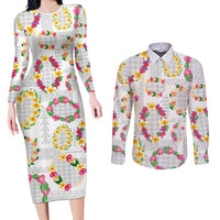 Hawaiian Kakau Tattoo Leis and Palaka Pattern Couples Matching Long Sleeve Bodycon Dress and Long Sleeve Button Shirt Traditional Aloha Tribal White Color