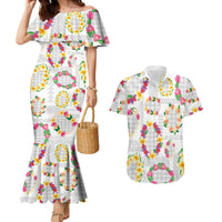 Hawaiian Kakau Tattoo Leis and Palaka Pattern Couples Matching Mermaid Dress and Hawaiian Shirt Traditional Aloha Tribal White Color