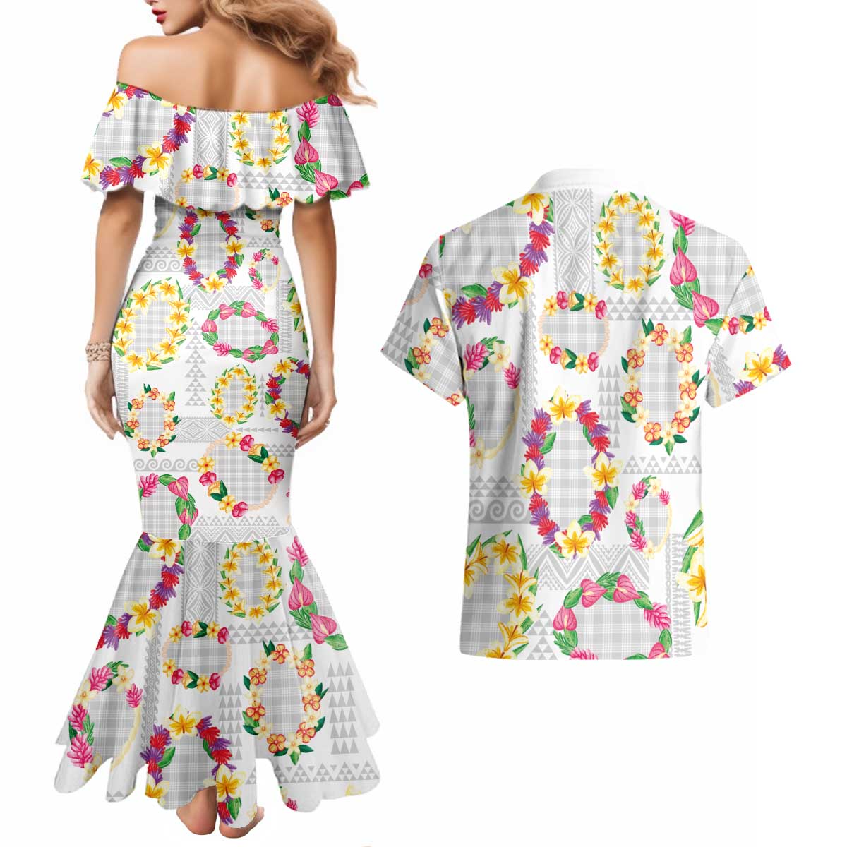 Hawaiian Kakau Tattoo Leis and Palaka Pattern Couples Matching Mermaid Dress and Hawaiian Shirt Traditional Aloha Tribal White Color