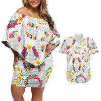 Hawaiian Kakau Tattoo Leis and Palaka Pattern Couples Matching Off Shoulder Short Dress and Hawaiian Shirt Traditional Aloha Tribal White Color