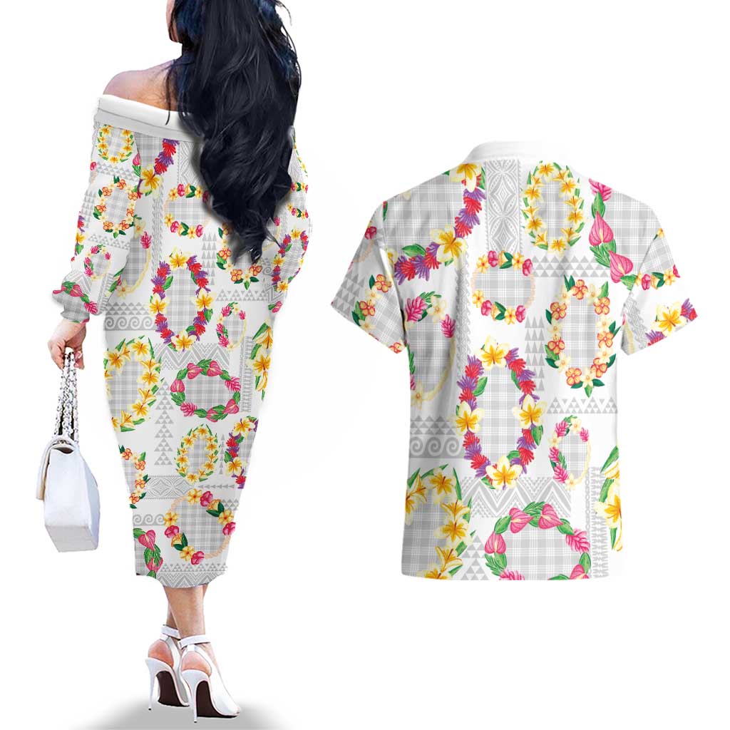 Hawaiian Kakau Tattoo Leis and Palaka Pattern Couples Matching Off The Shoulder Long Sleeve Dress and Hawaiian Shirt Traditional Aloha Tribal White Color