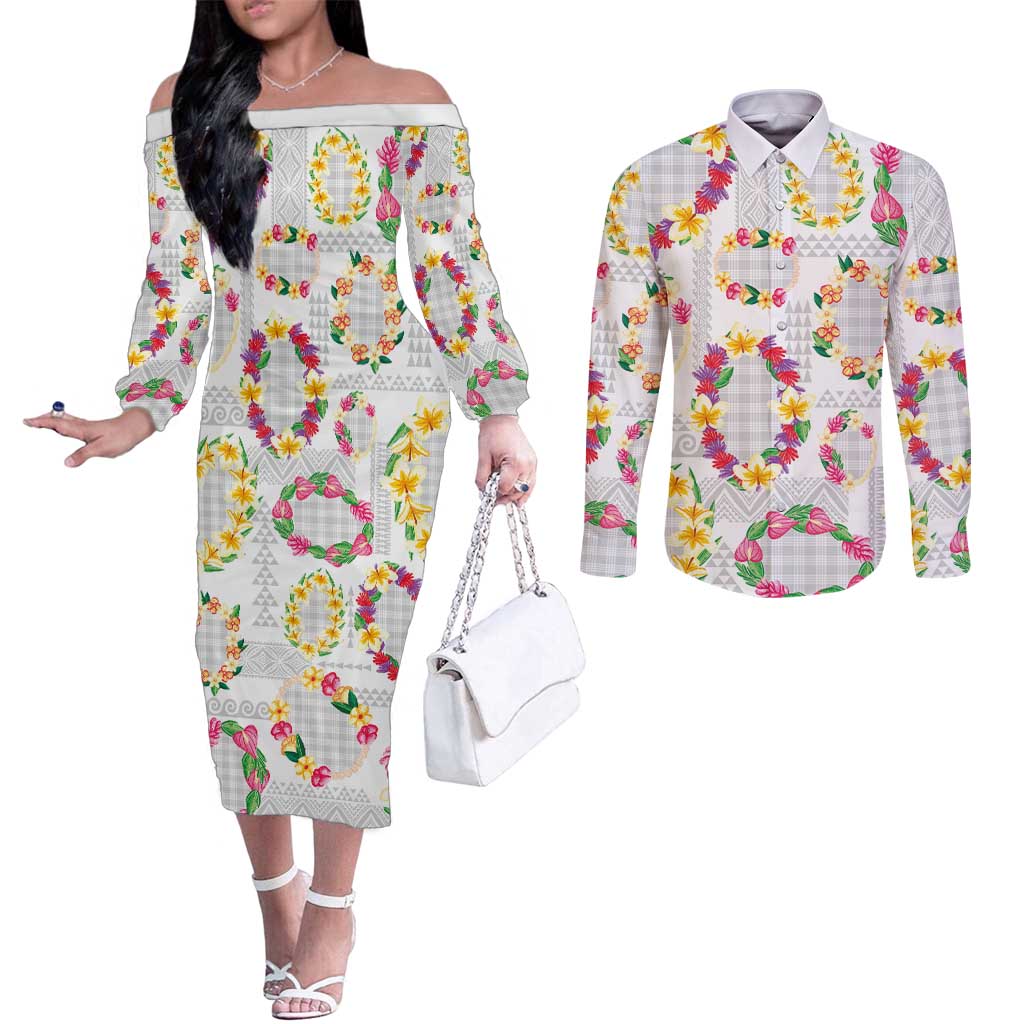 Hawaiian Kakau Tattoo Leis and Palaka Pattern Couples Matching Off The Shoulder Long Sleeve Dress and Long Sleeve Button Shirt Traditional Aloha Tribal White Color