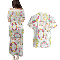 Hawaiian Kakau Tattoo Leis and Palaka Pattern Couples Matching Puletasi and Hawaiian Shirt Traditional Aloha Tribal White Color