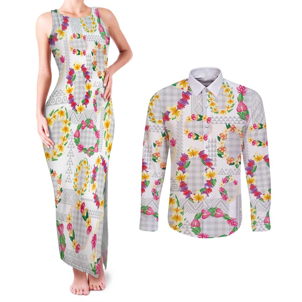 Hawaiian Kakau Tattoo Leis and Palaka Pattern Couples Matching Tank Maxi Dress and Long Sleeve Button Shirt Traditional Aloha Tribal White Color LT03 White - Polynesian Pride