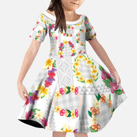 Hawaiian Kakau Tattoo Leis and Palaka Pattern Family Matching Long Sleeve Bodycon Dress and Hawaiian Shirt Traditional Aloha Tribal White Color