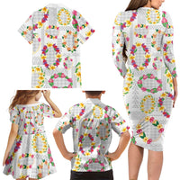 Hawaiian Kakau Tattoo Leis and Palaka Pattern Family Matching Long Sleeve Bodycon Dress and Hawaiian Shirt Traditional Aloha Tribal White Color