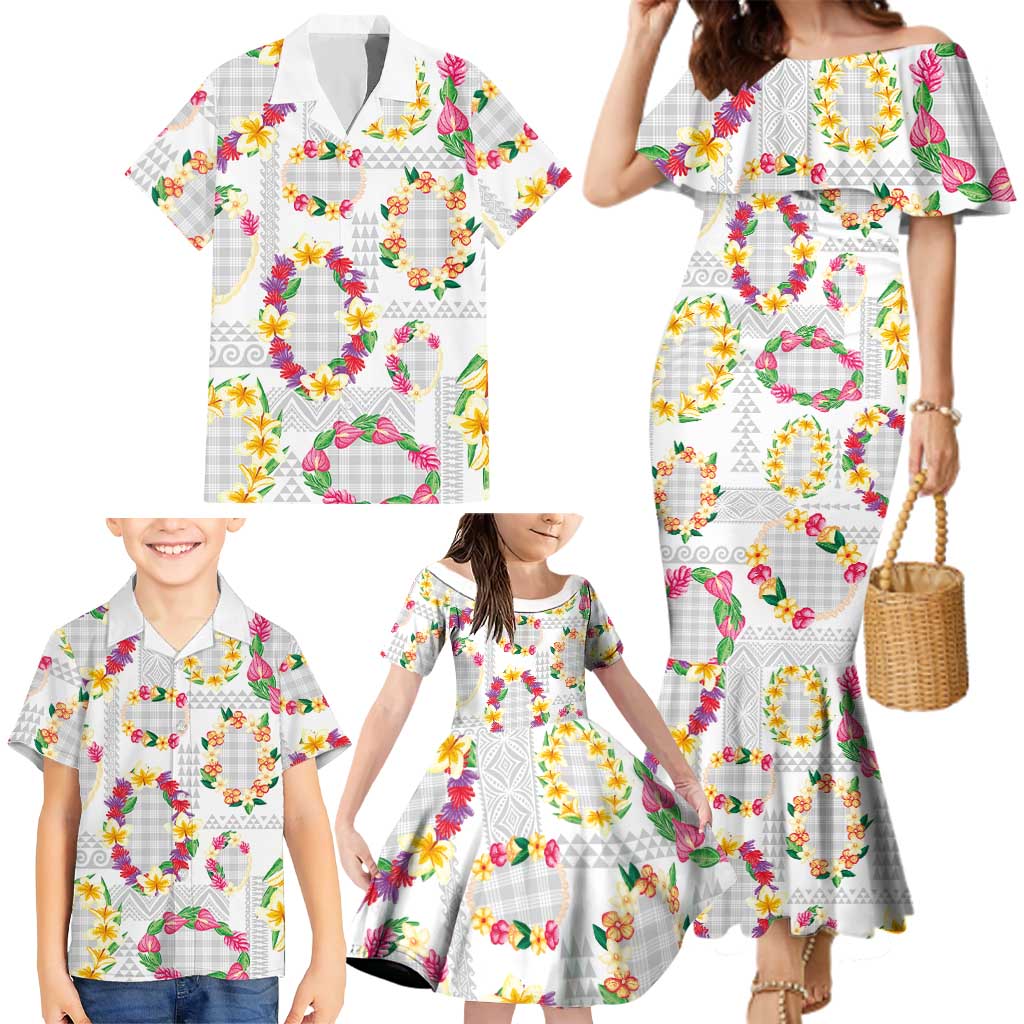 Hawaiian Kakau Tattoo Leis and Palaka Pattern Family Matching Mermaid Dress and Hawaiian Shirt Traditional Aloha Tribal White Color