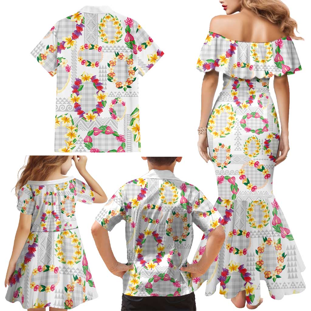 Hawaiian Kakau Tattoo Leis and Palaka Pattern Family Matching Mermaid Dress and Hawaiian Shirt Traditional Aloha Tribal White Color