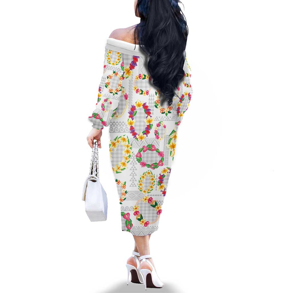 Hawaiian Kakau Tattoo Leis and Palaka Pattern Family Matching Off The Shoulder Long Sleeve Dress and Hawaiian Shirt Traditional Aloha Tribal White Color