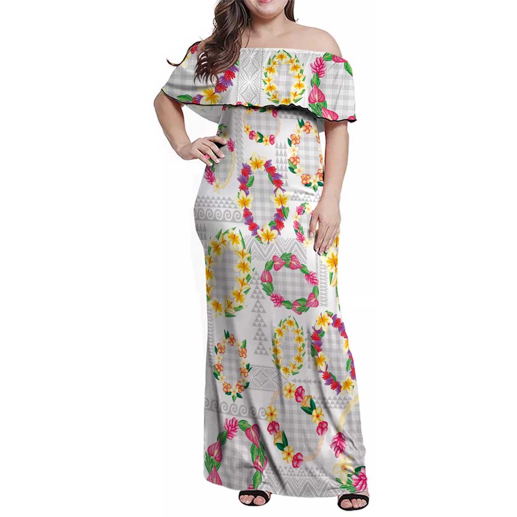 Hawaiian Kakau Tattoo Leis and Palaka Pattern Family Matching Off Shoulder Maxi Dress and Hawaiian Shirt Traditional Aloha Tribal White Color