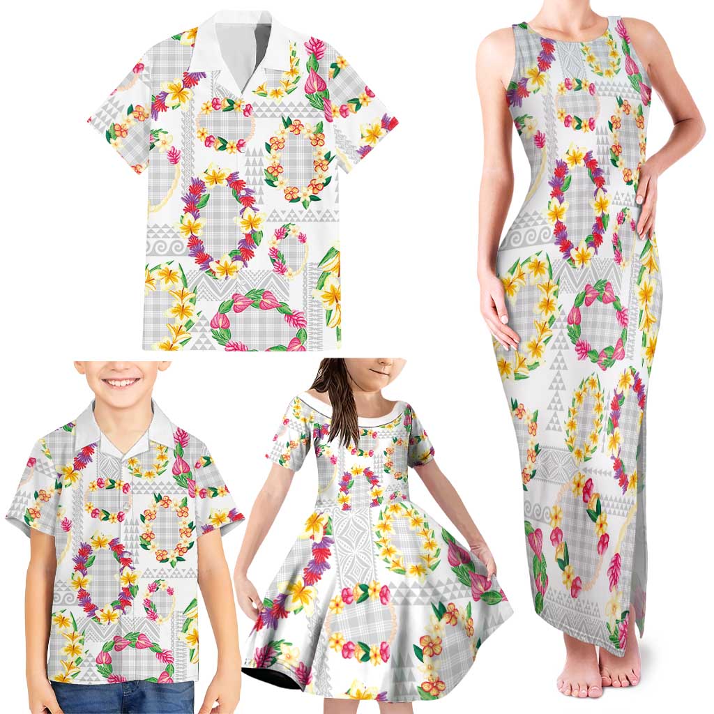Hawaiian Kakau Tattoo Leis and Palaka Pattern Family Matching Tank Maxi Dress and Hawaiian Shirt Traditional Aloha Tribal White Color LT03 - Polynesian Pride