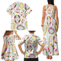 Hawaiian Kakau Tattoo Leis and Palaka Pattern Family Matching Tank Maxi Dress and Hawaiian Shirt Traditional Aloha Tribal White Color