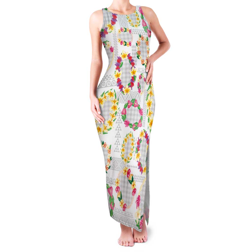 Hawaiian Kakau Tattoo Leis and Palaka Pattern Family Matching Tank Maxi Dress and Hawaiian Shirt Traditional Aloha Tribal White Color