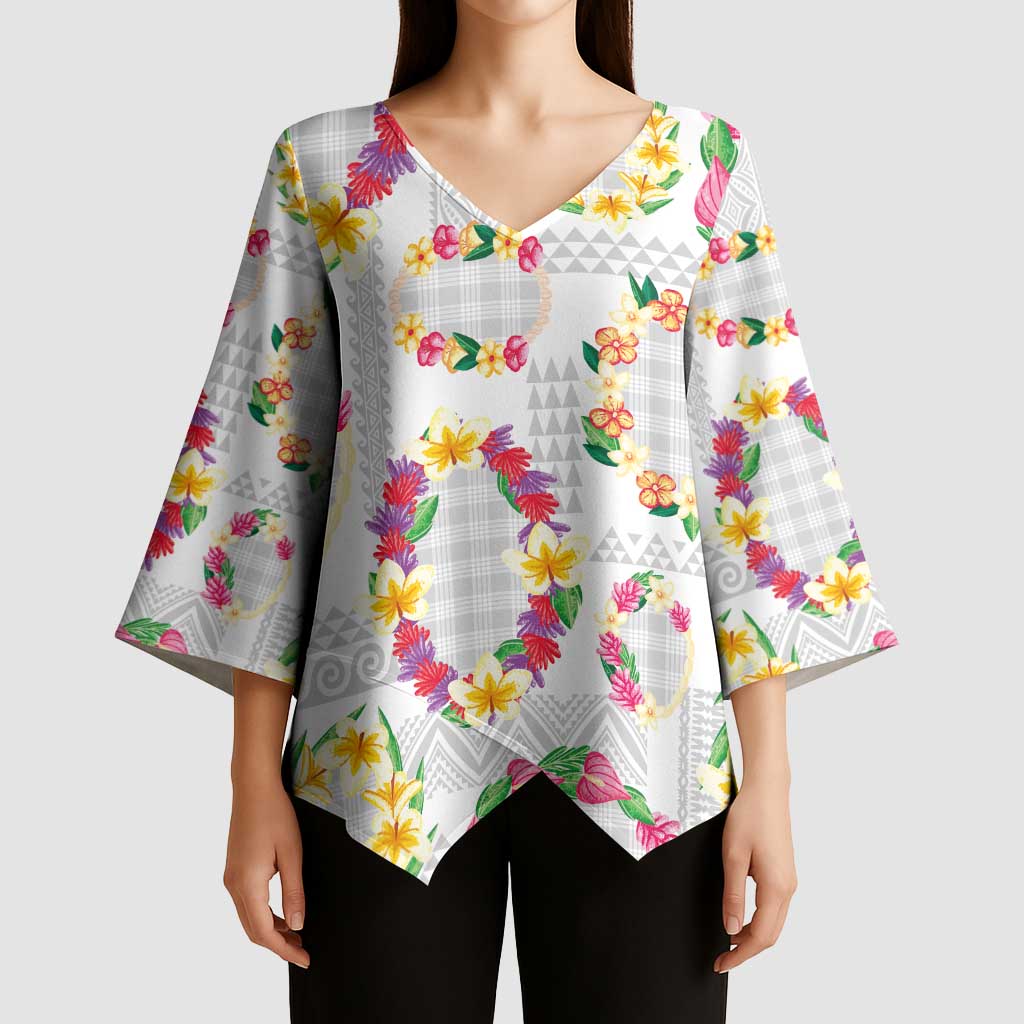 Hawaiian Kakau Tattoo Leis and Palaka Pattern Kimono Sleeve Blouse Traditional Aloha Tribal White Color