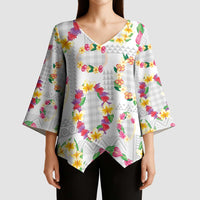 Hawaiian Kakau Tattoo Leis and Palaka Pattern Kimono Sleeve Blouse Traditional Aloha Tribal White Color