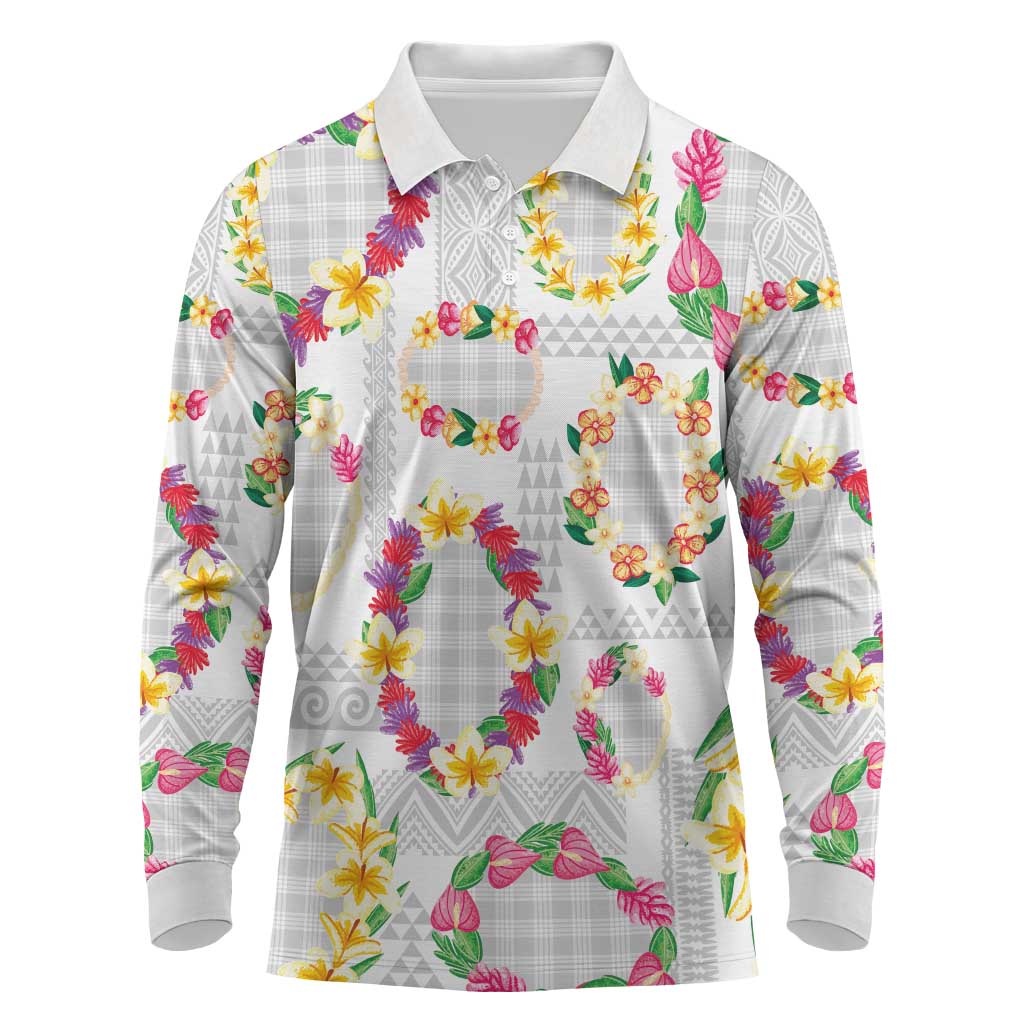 Hawaiian Kakau Tattoo Leis and Palaka Pattern Long Sleeve Polo Shirt Traditional Aloha Tribal White Color LT03 White - Polynesian Pride