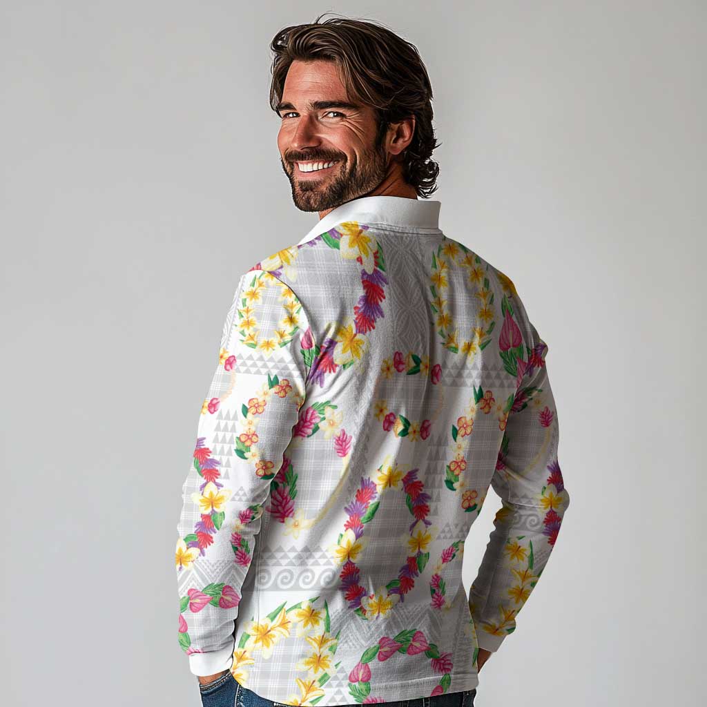 Hawaiian Kakau Tattoo Leis and Palaka Pattern Long Sleeve Polo Shirt Traditional Aloha Tribal White Color