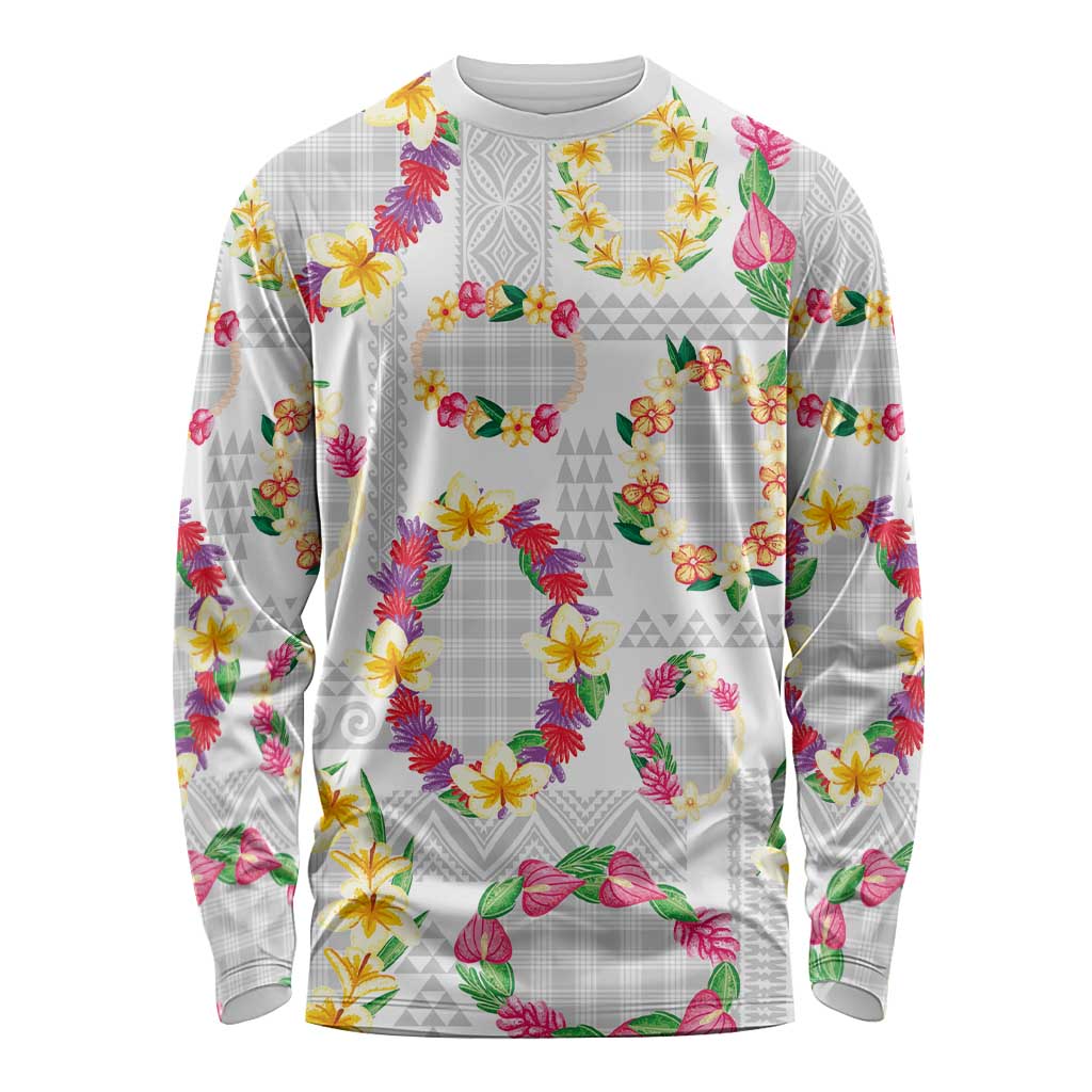 Hawaiian Kakau Tattoo Leis and Palaka Pattern Long Sleeve Shirt Traditional Aloha Tribal White Color LT03 Unisex White - Polynesian Pride