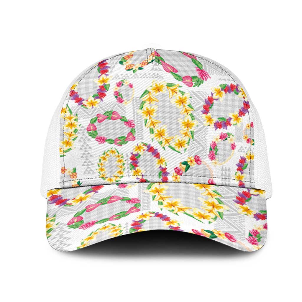 Hawaiian Kakau Tattoo Leis and Palaka Pattern Mesh Trucker Cap Traditional Aloha Tribal White Color