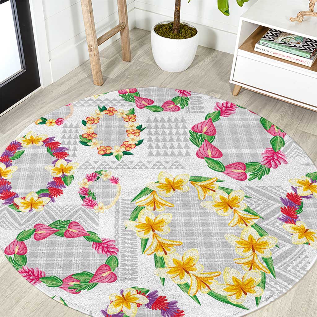 Hawaiian Kakau Tattoo Leis and Palaka Pattern Round Carpet Traditional Aloha Tribal White Color LT03 White - Polynesian Pride
