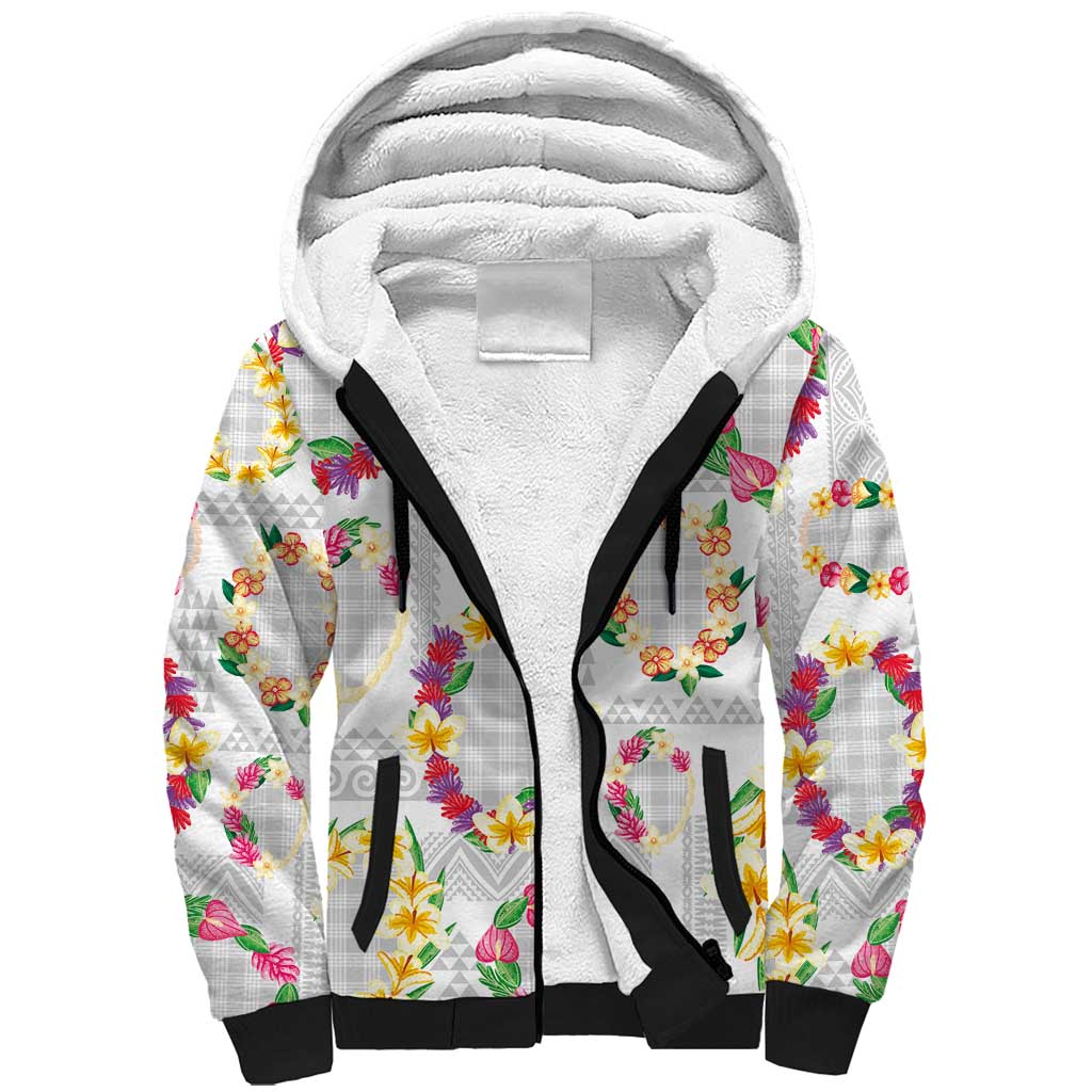 Hawaiian Kakau Tattoo Leis and Palaka Pattern Sherpa Hoodie Traditional Aloha Tribal White Color