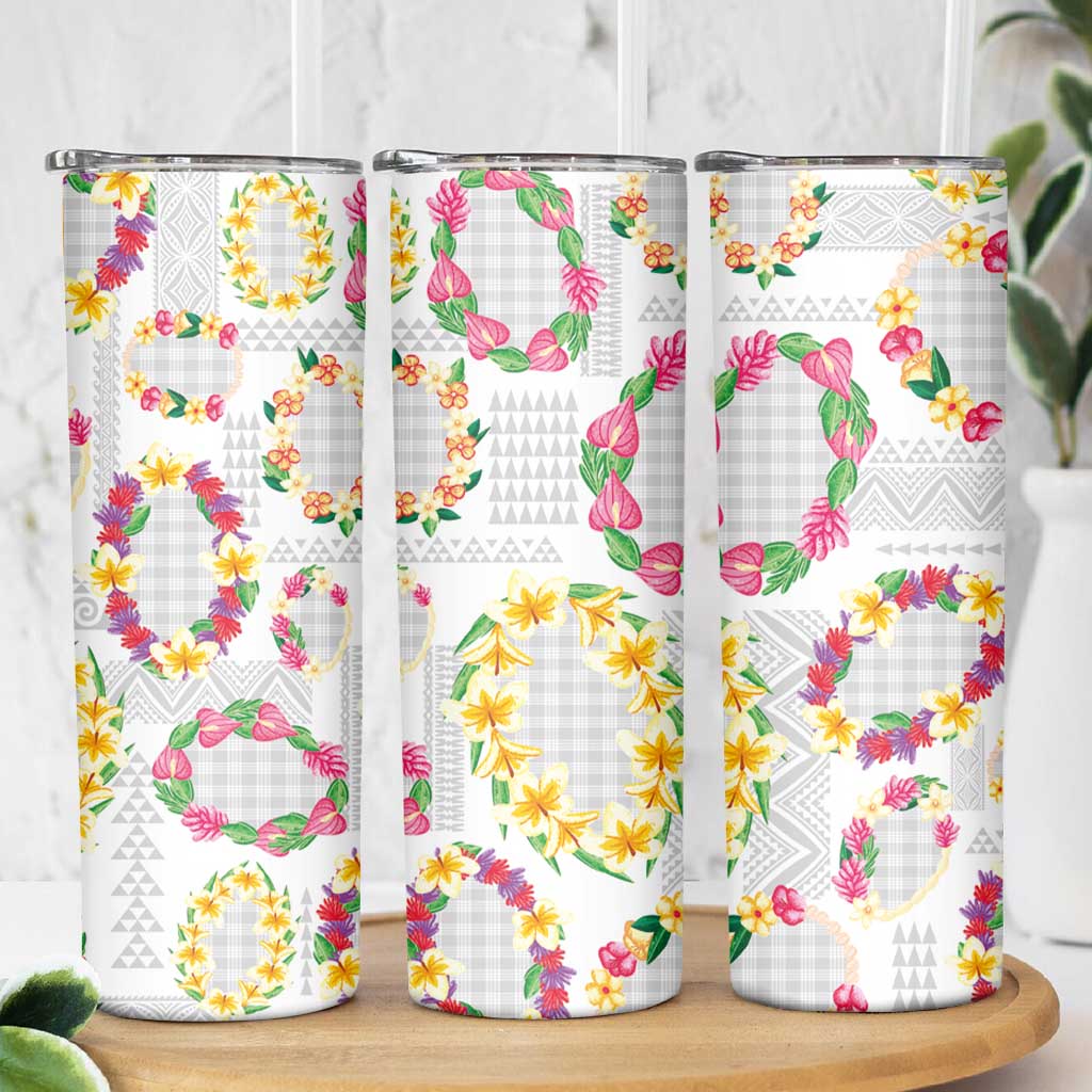 Hawaiian Kakau Tattoo Leis and Palaka Pattern Skinny Tumbler Traditional Aloha Tribal White Color