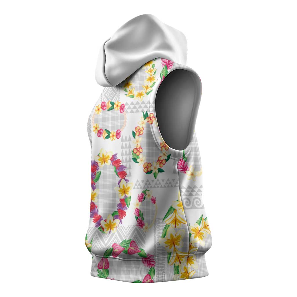 Hawaiian Kakau Tattoo Leis and Palaka Pattern Sleeveless Hoodie Traditional Aloha Tribal White Color