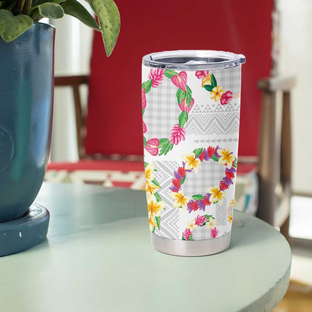Hawaiian Kakau Tattoo Leis and Palaka Pattern Tumbler Cup Traditional Aloha Tribal White Color