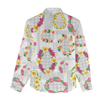 Hawaiian Kakau Tattoo Leis and Palaka Pattern Women Casual Shirt Traditional Aloha Tribal White Color