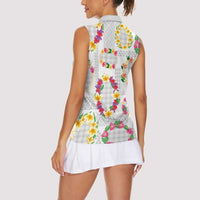 Hawaiian Kakau Tattoo Leis and Palaka Pattern Women Sleeveless Polo Shirt Traditional Aloha Tribal White Color