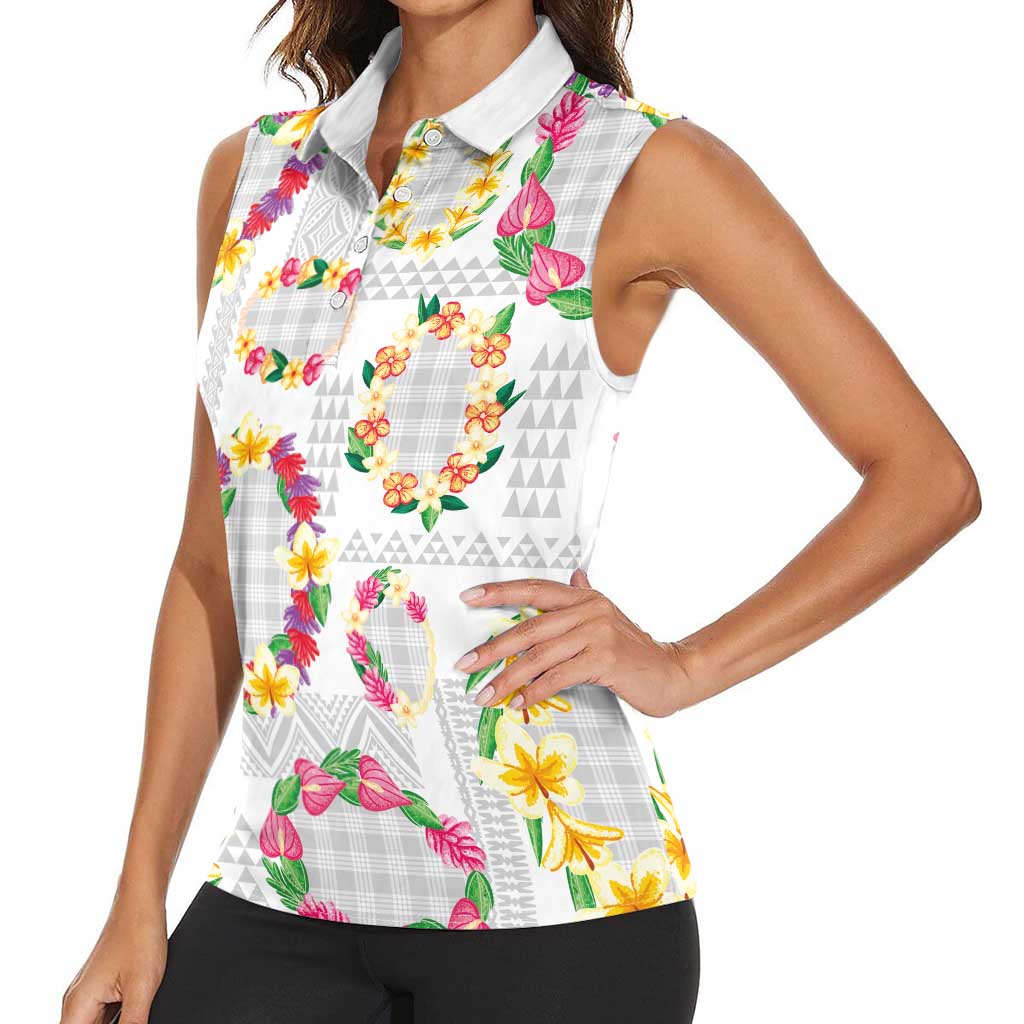 Hawaiian Kakau Tattoo Leis and Palaka Pattern Women Sleeveless Polo Shirt Traditional Aloha Tribal White Color