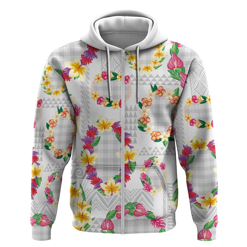 Hawaiian Kakau Tattoo Leis and Palaka Pattern Zip Hoodie Traditional Aloha Tribal White Color LT03 Zip Hoodie White - Polynesian Pride