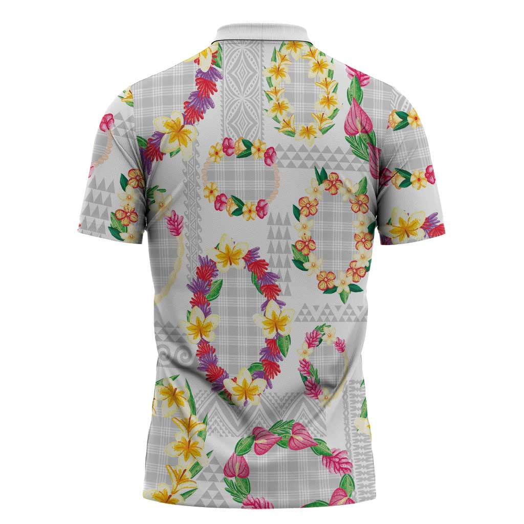 Hawaiian Kakau Tattoo Leis and Palaka Pattern Zipper Polo Shirt Traditional Aloha Tribal White Color