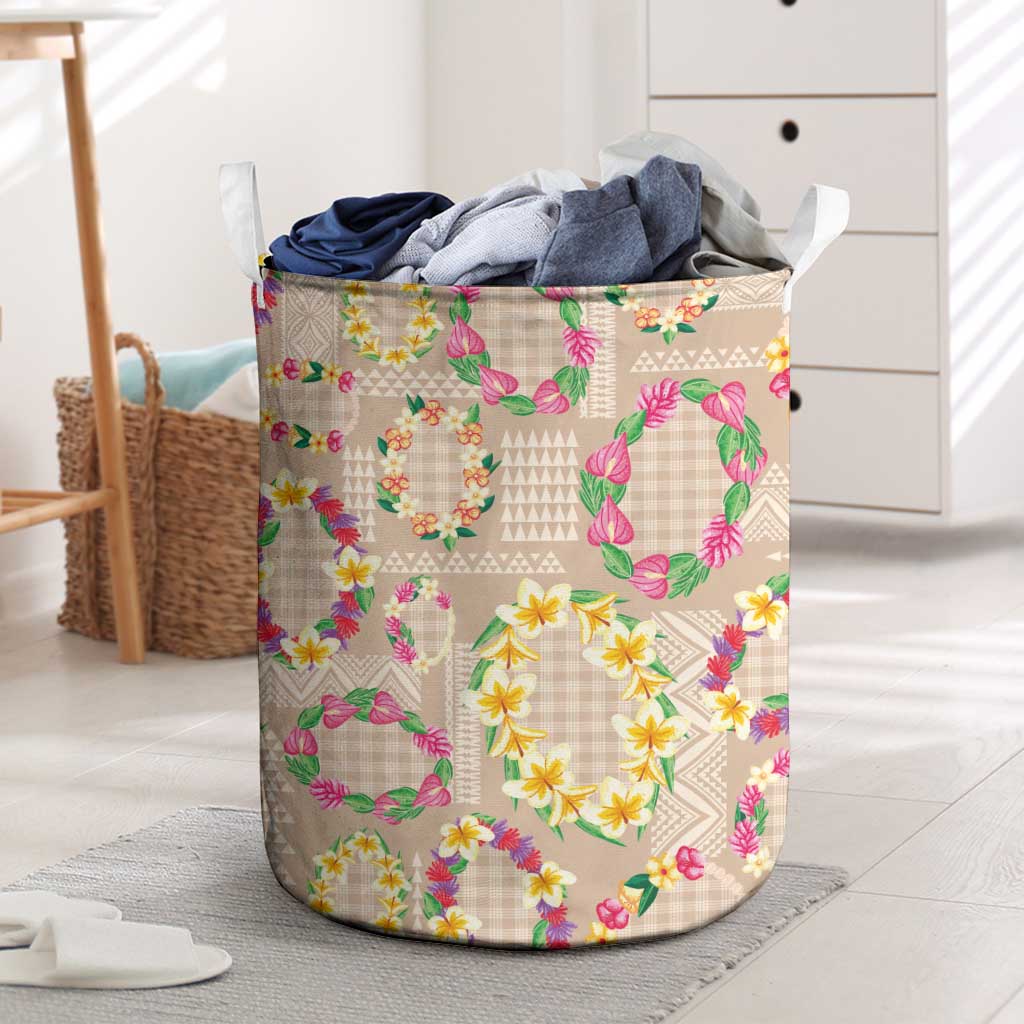 Hawaiian Kakau Tattoo Leis and Palaka Pattern Laundry Basket Traditional Aloha Tribal Beige Color LT03 Beige - Polynesian Pride