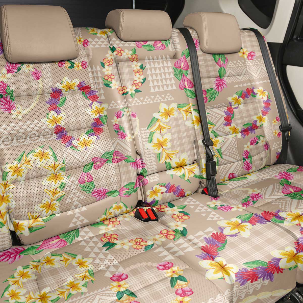 Hawaiian Kakau Tattoo Leis and Palaka Pattern Back Car Seat Cover Traditional Aloha Tribal Beige Color