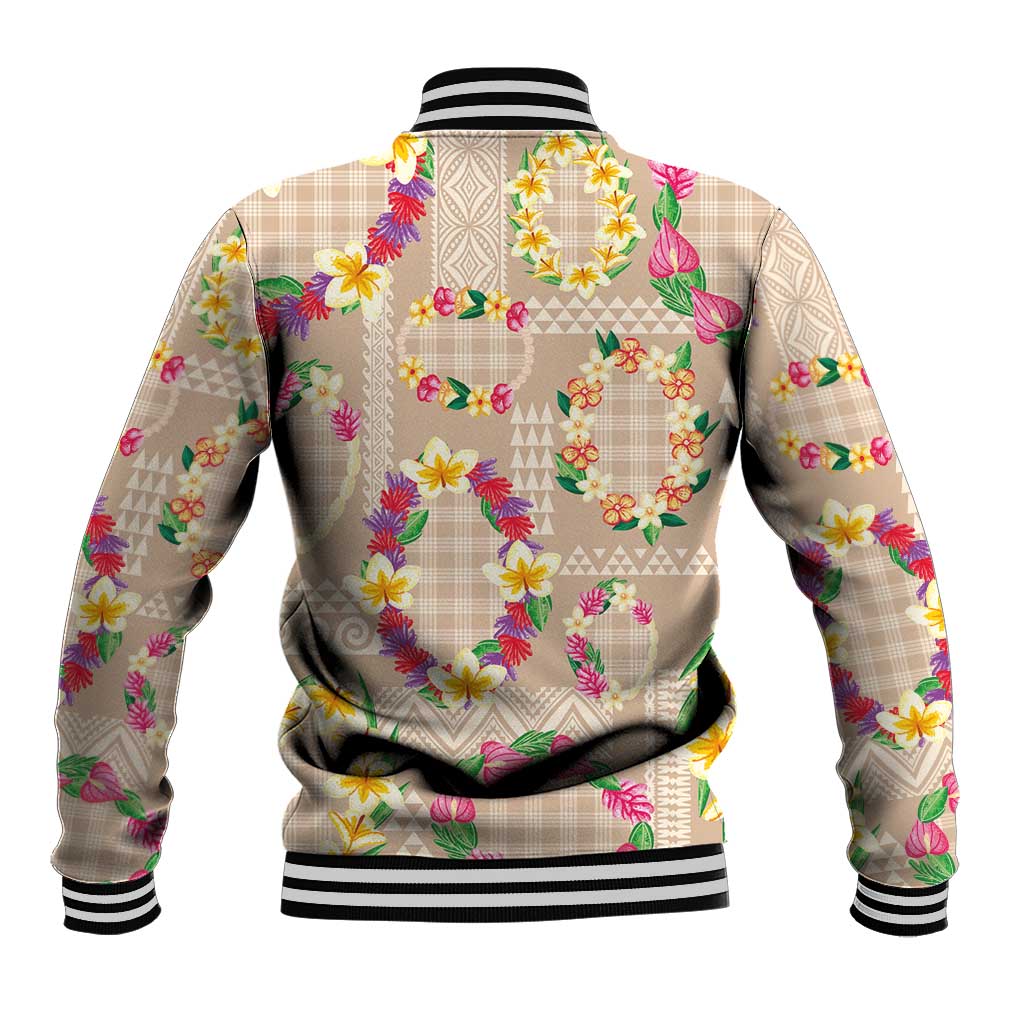 Hawaiian Kakau Tattoo Leis and Palaka Pattern Baseball Jacket Traditional Aloha Tribal Beige Color
