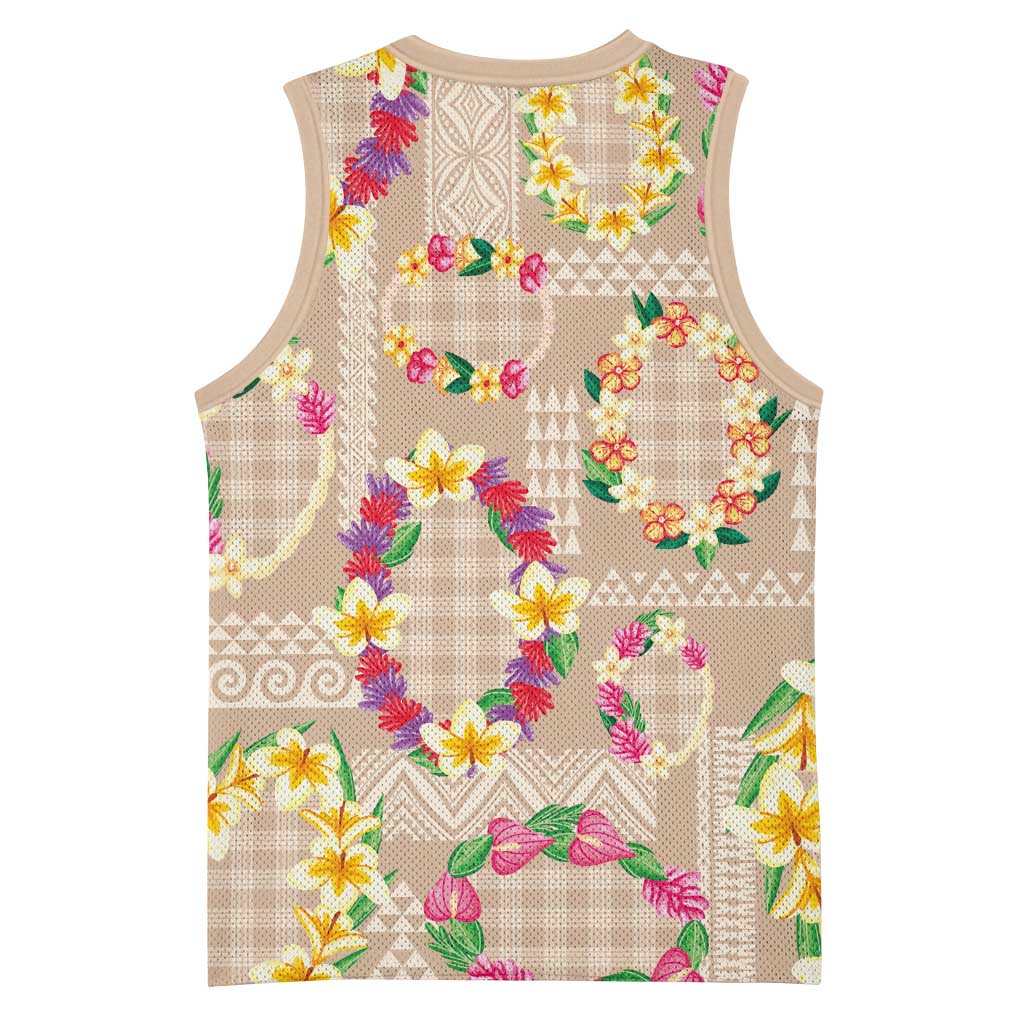 Hawaiian Kakau Tattoo Leis and Palaka Pattern Basketball Jersey Traditional Aloha Tribal Beige Color