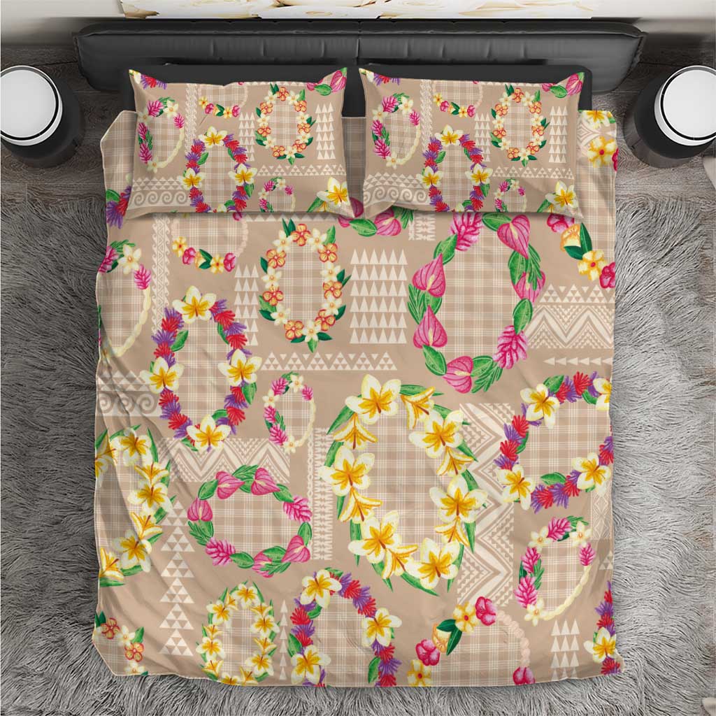 Hawaiian Kakau Tattoo Leis and Palaka Pattern Bedding Set Traditional Aloha Tribal Beige Color
