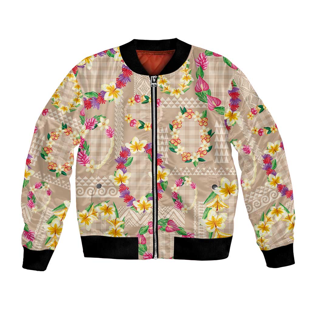Hawaiian Kakau Tattoo Leis and Palaka Pattern Bomber Jacket Traditional Aloha Tribal Beige Color LT03 Unisex Beige - Polynesian Pride