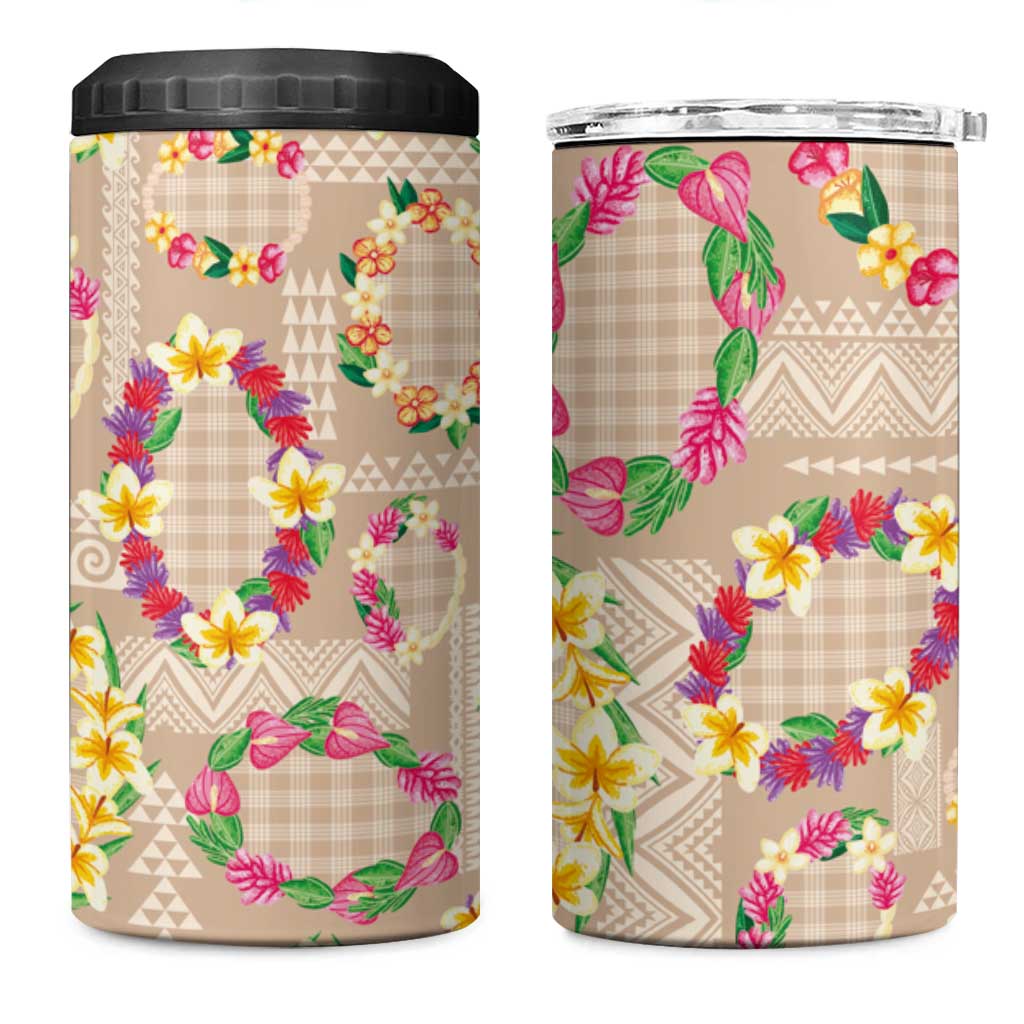 Hawaiian Kakau Tattoo Leis and Palaka Pattern 4 in 1 Can Cooler Tumbler Traditional Aloha Tribal Beige Color