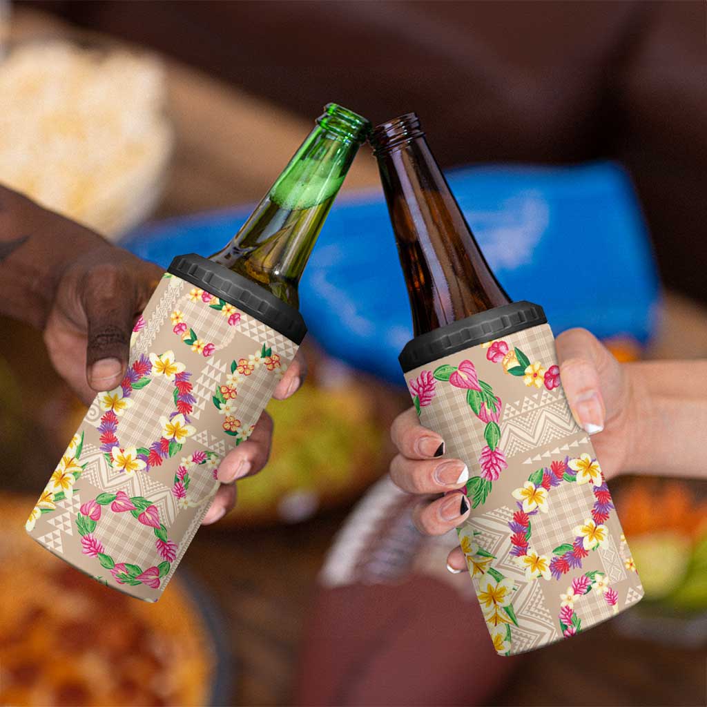 Hawaiian Kakau Tattoo Leis and Palaka Pattern 4 in 1 Can Cooler Tumbler Traditional Aloha Tribal Beige Color