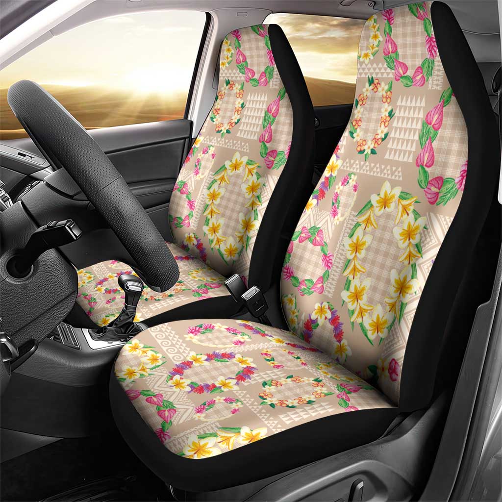 Hawaiian Kakau Tattoo Leis and Palaka Pattern Car Seat Cover Traditional Aloha Tribal Beige Color