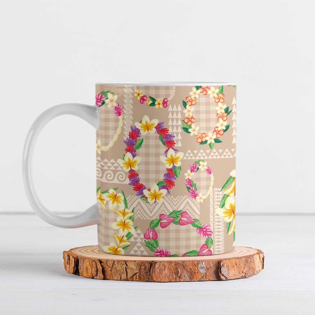Hawaiian Kakau Tattoo Leis and Palaka Pattern Ceramic Mug Traditional Aloha Tribal Beige Color