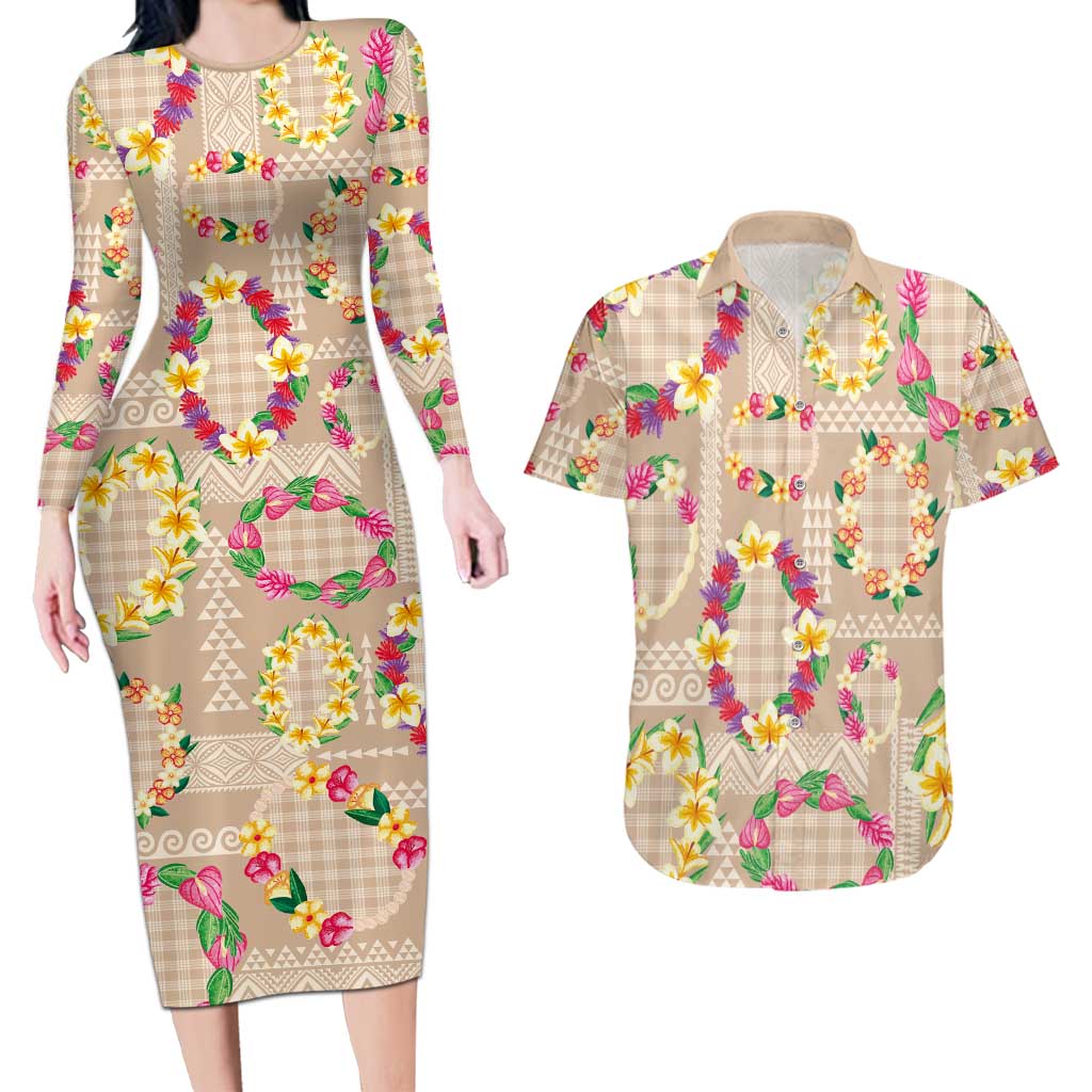 Hawaiian Kakau Tattoo Leis and Palaka Pattern Couples Matching Long Sleeve Bodycon Dress and Hawaiian Shirt Traditional Aloha Tribal Beige Color LT03 Beige - Polynesian Pride