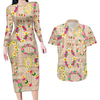 Hawaiian Kakau Tattoo Leis and Palaka Pattern Couples Matching Long Sleeve Bodycon Dress and Hawaiian Shirt Traditional Aloha Tribal Beige Color